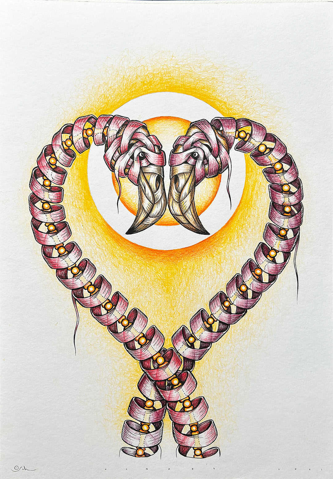 An original unique pencil drawing by Otto Schade AKA 'Osch' from 2021, entitled 'Flamingos Love'. A striking piece for art collectors.
