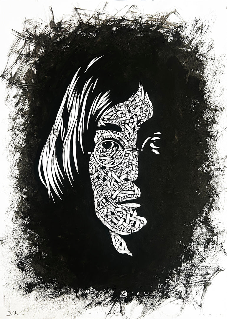 Black and white stylized, ribboned portrait of John Lennon, by Otto Schade AKA OSCH