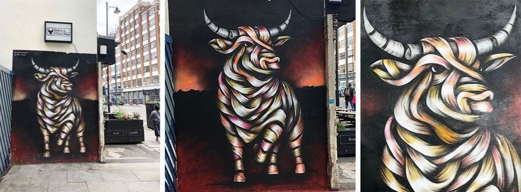 Otto Schade AKA Osch's ribboned bull mural,  painted in 2018 on Shoreditch High Street at the Bull in China Shop cocktail bar