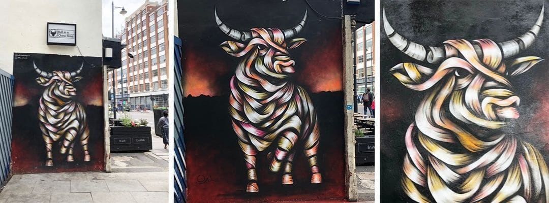 Otto Schade AKA Osch's ribboned bull mural,  painted in 2018 on Shoreditch High Street at the Bull in China Shop cocktail bar